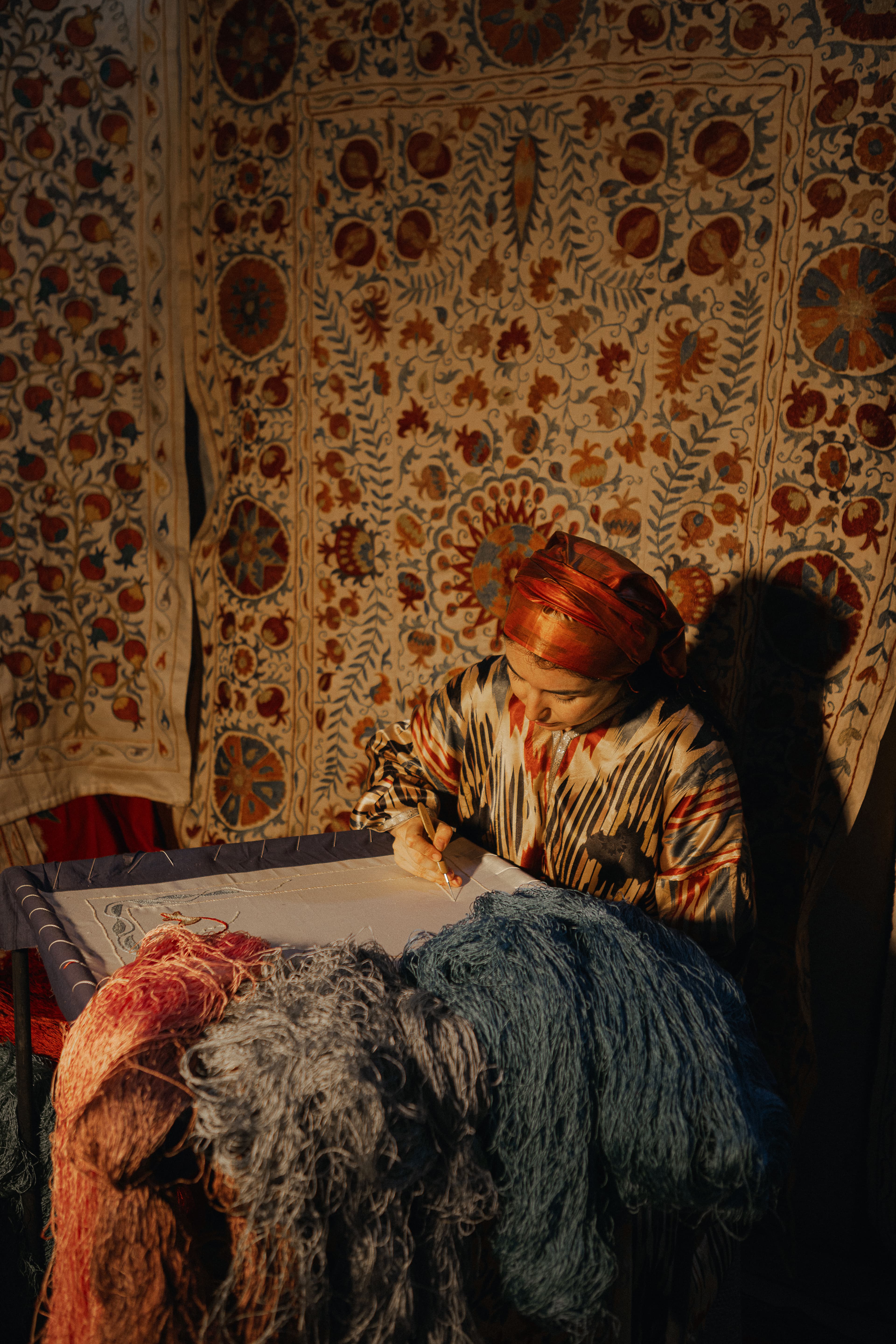 Hand stitching on Suzani textile